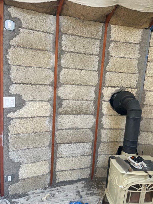 Hempcrete blocks installed in yurt for Deep Energy Retrofit.